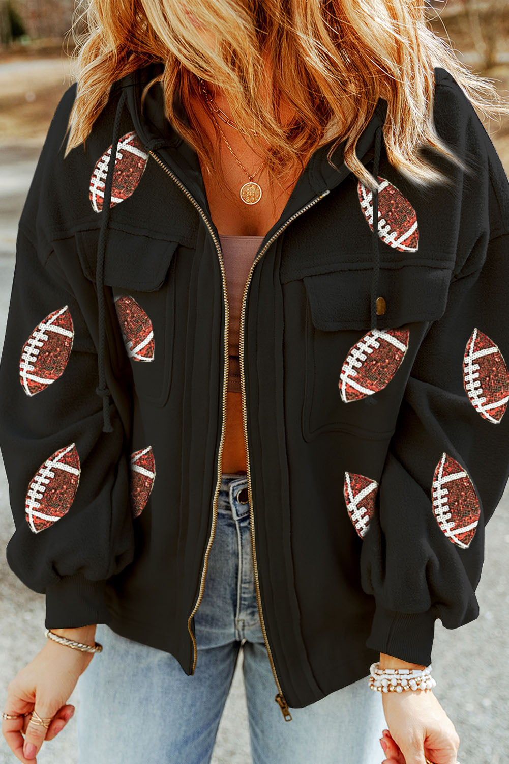 Black Sequined Football Hooded Jacket