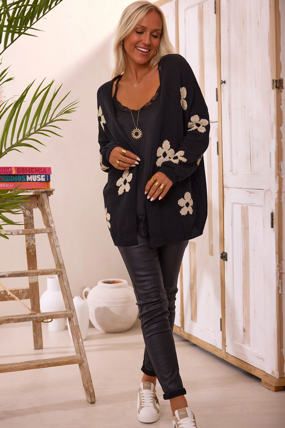 Black Floral Knitted Loose Cardigan