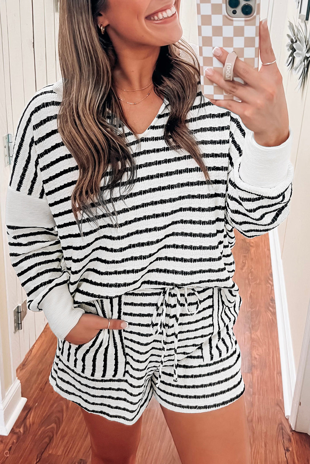 Plus Size Stripe Long Sleeve Top & Shorts Set