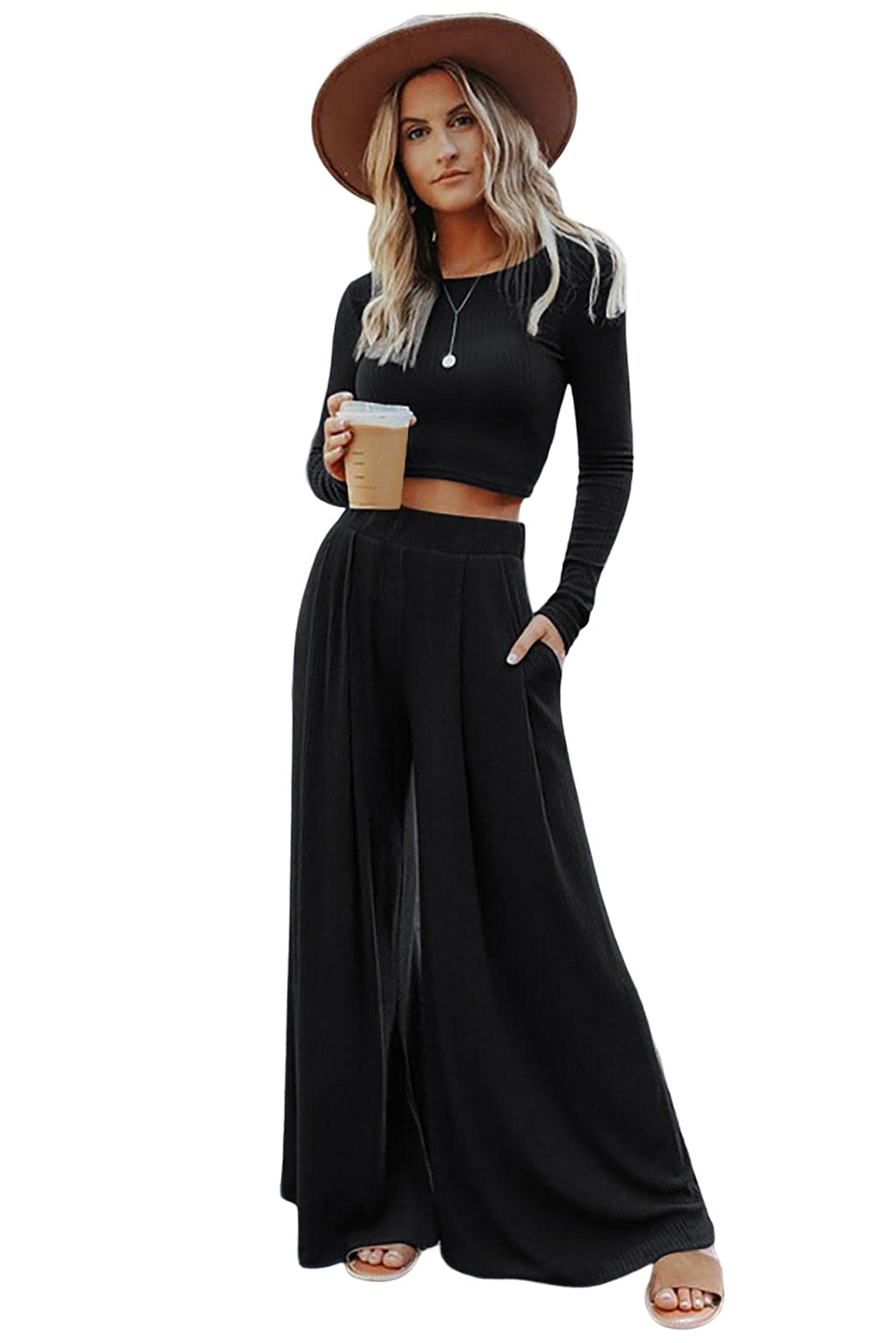 Ribbed Crop Top & Flowy Pants Set