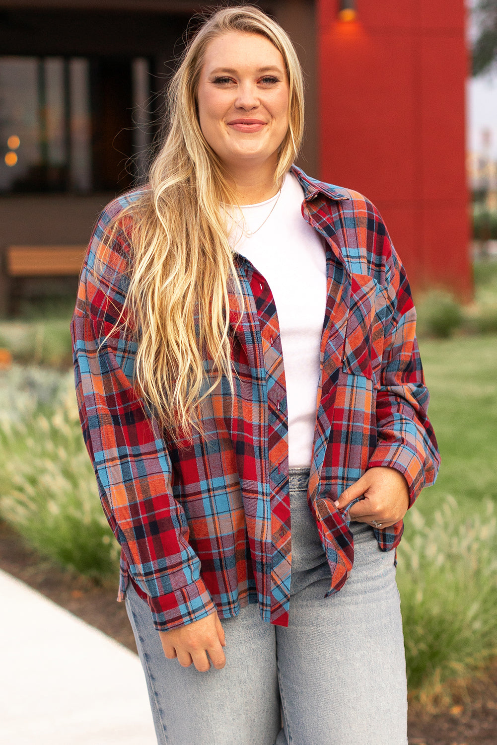 Plus Size Plaid Print Buttoned Shirt