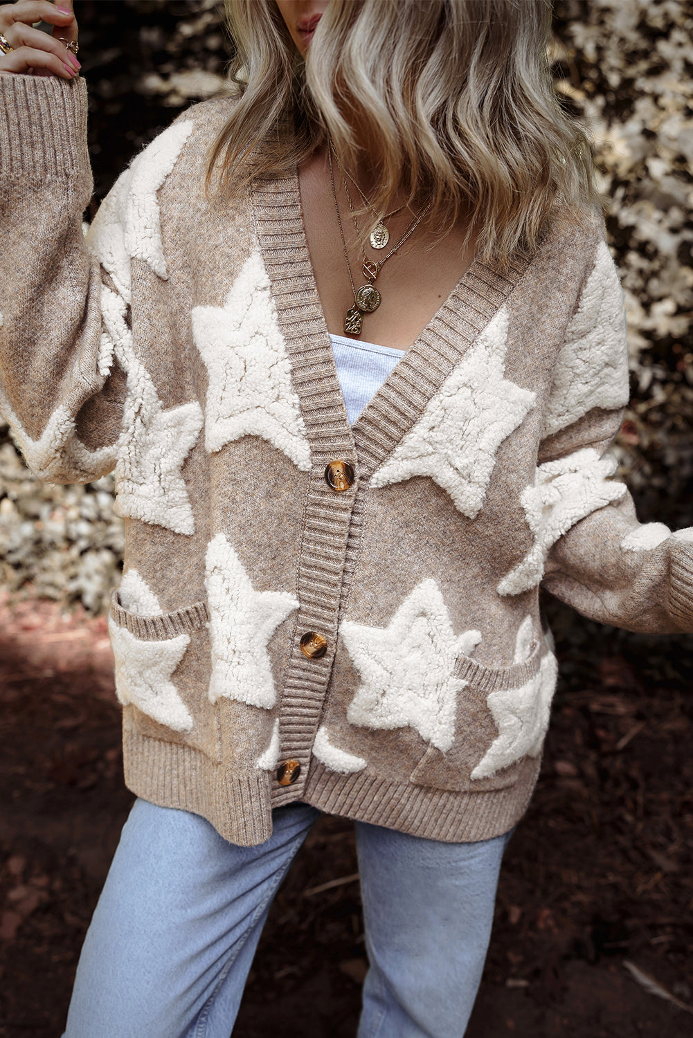 Khaki Sherpa Star Textured Sweater Cardigan