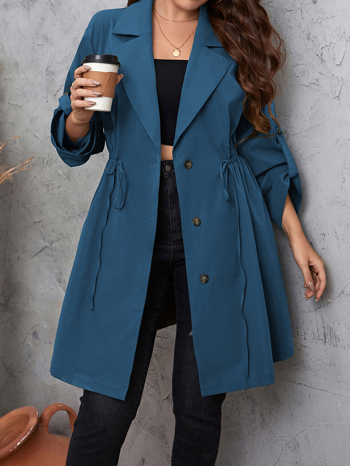 Plus Size Lapel Roll-Tab Trench Coat