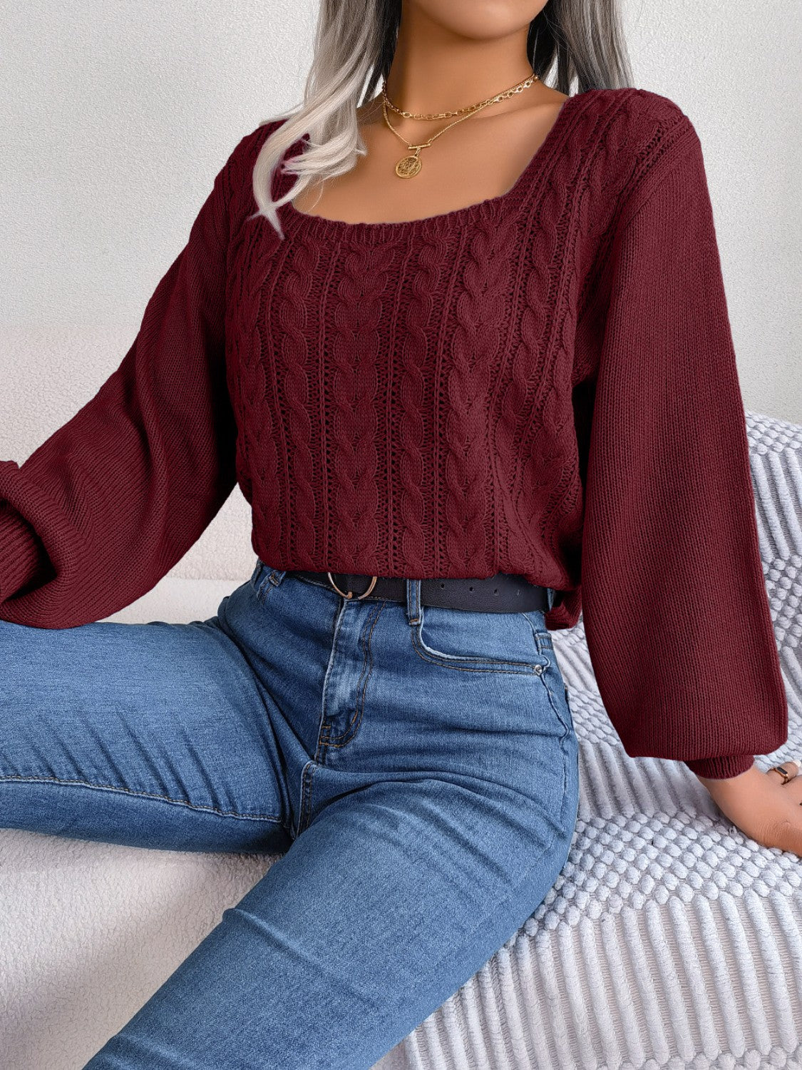 Cable-Knit Square Neck Sweater