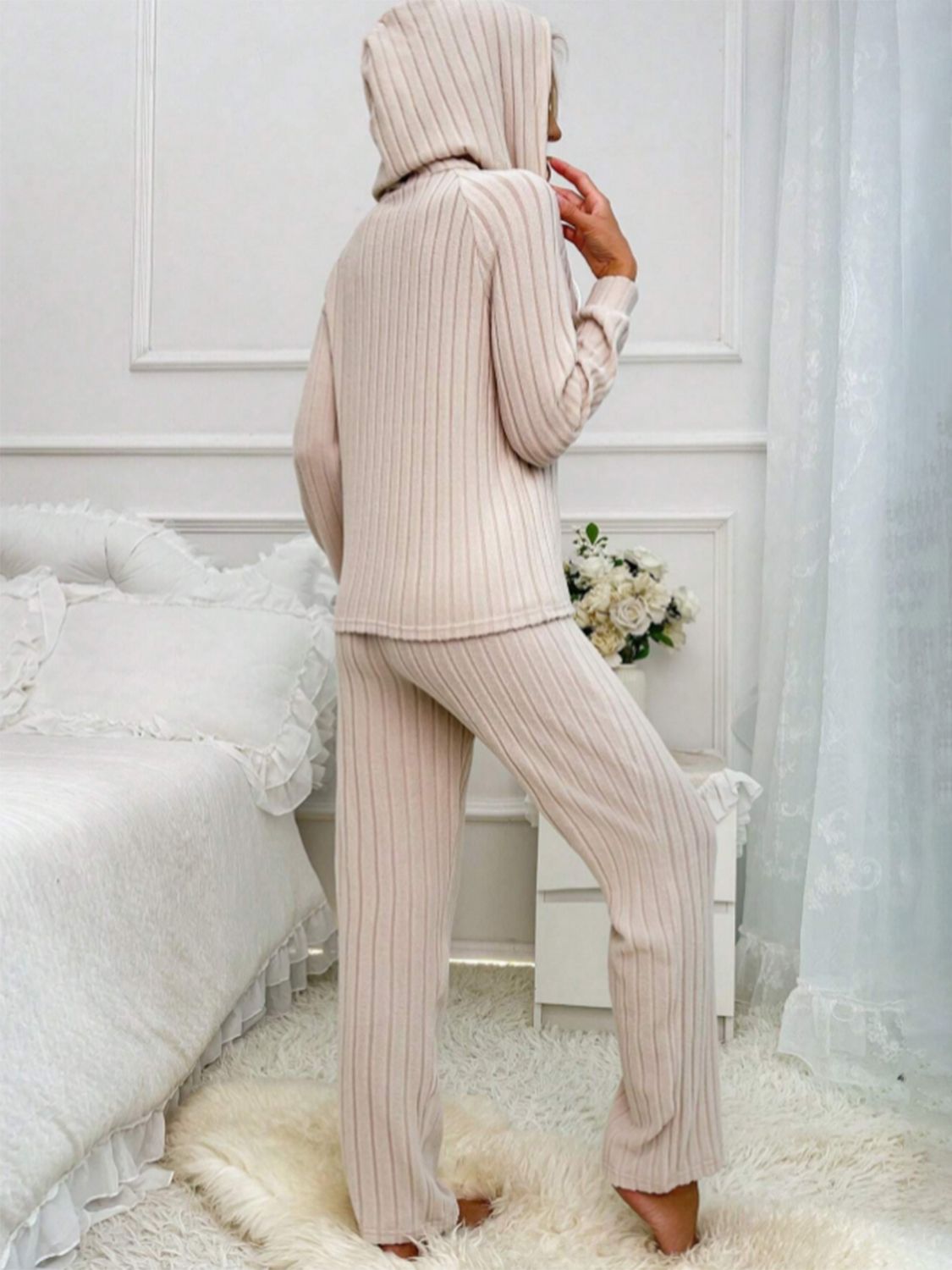 Half-Button Hooded Top & Ribbed Pants Set