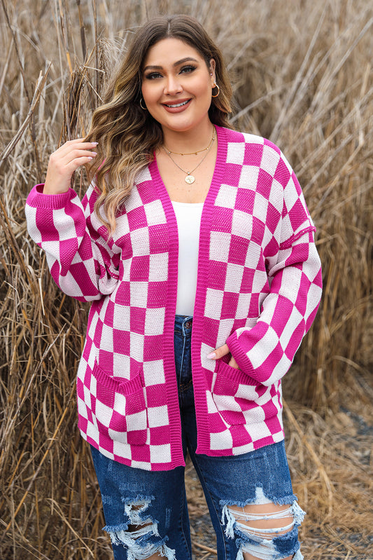 Plus Size Pink Checkered Open Cardigan