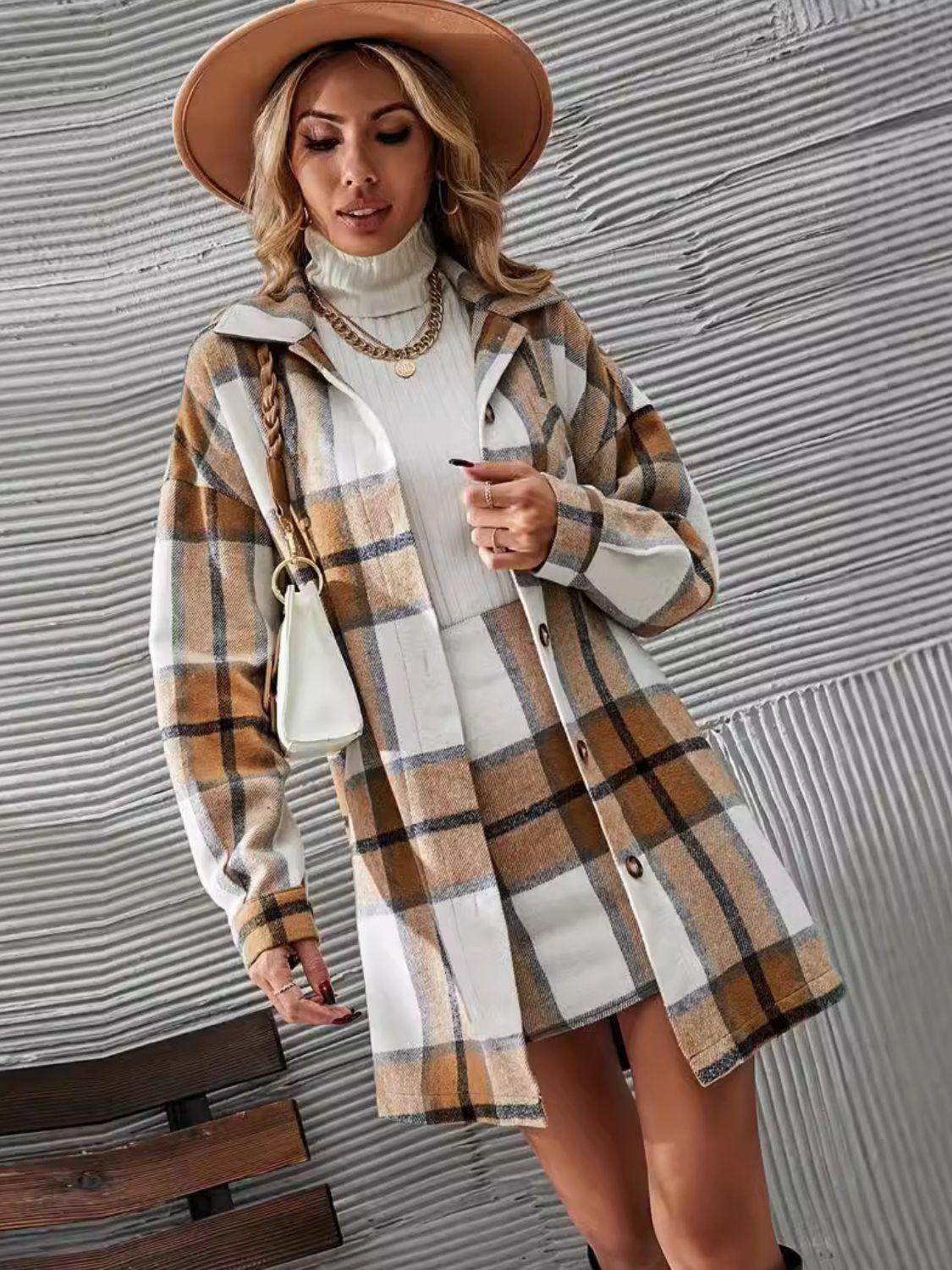 Plaid Button Up Coat & Skirt Set