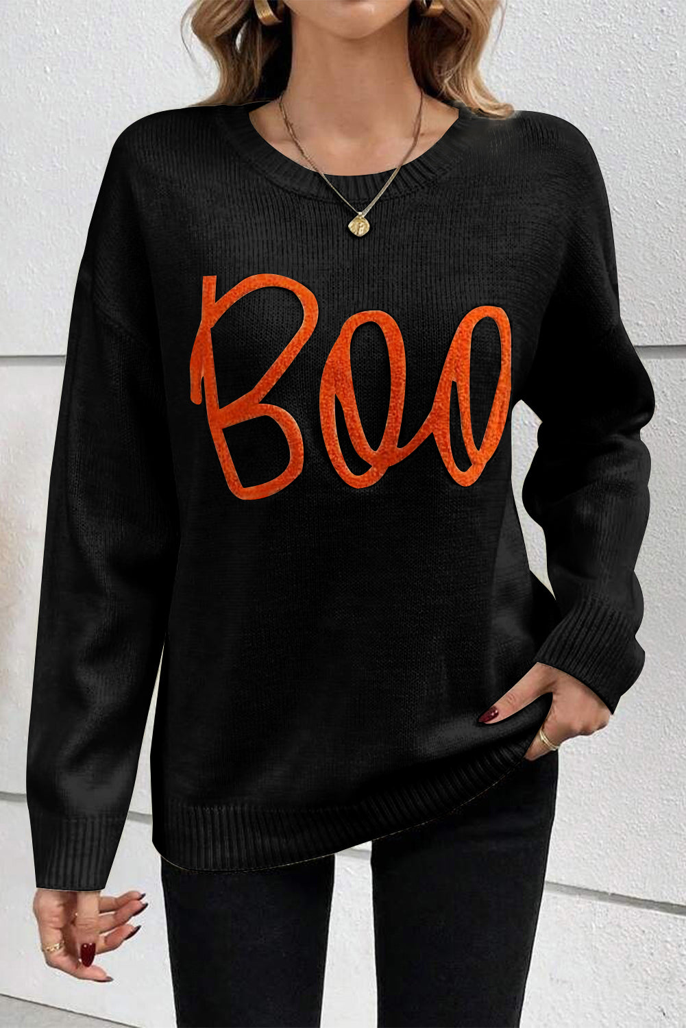 Black Boo Knitted Drop Shoulder Sweater