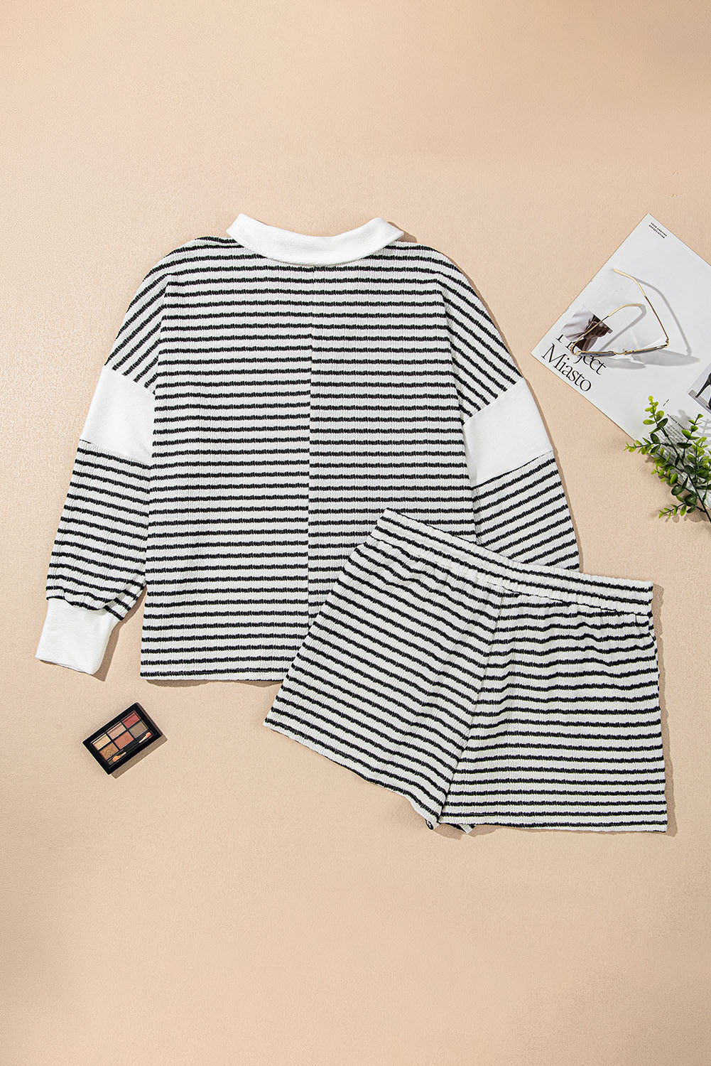 Plus Size Stripe Long Sleeve Top & Shorts Set