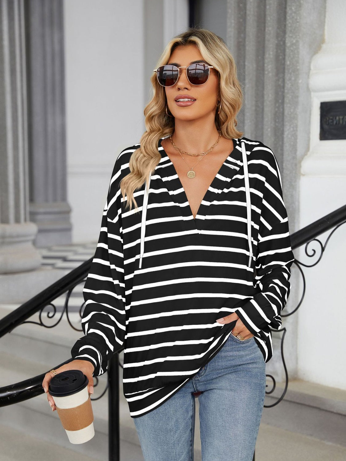 Drawstring Striped Hoodie