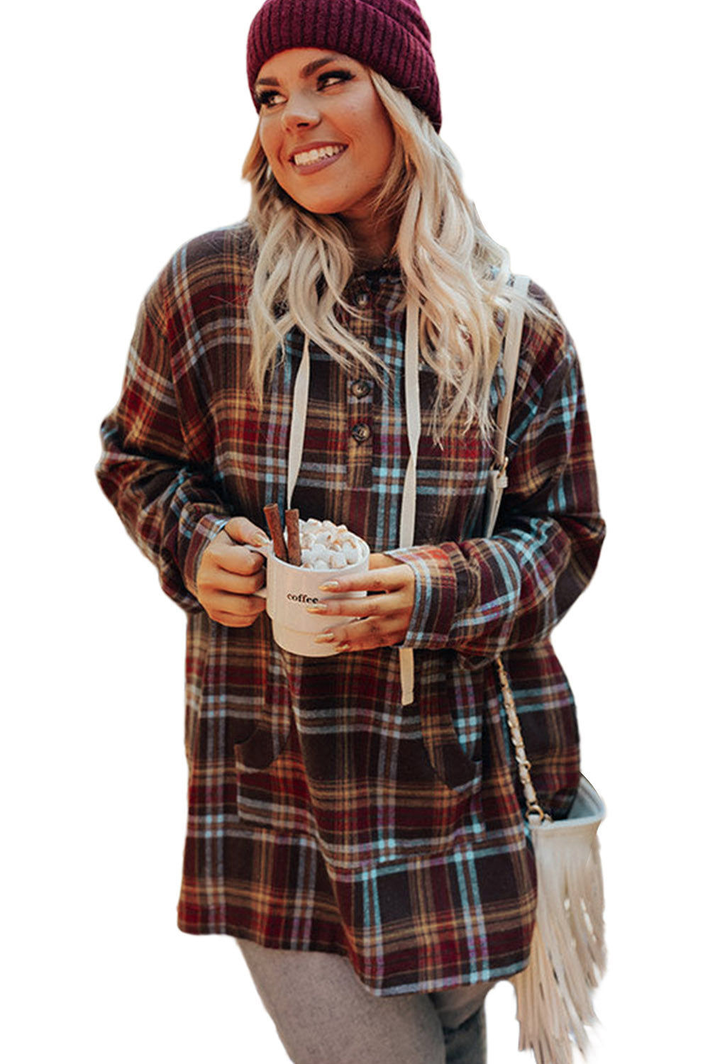 Plus Size Plaid Drawstring Hoodie