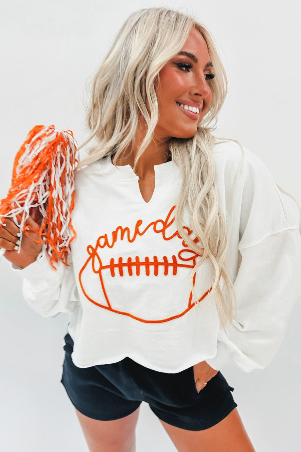 White Game Day Football Notched Crewneck