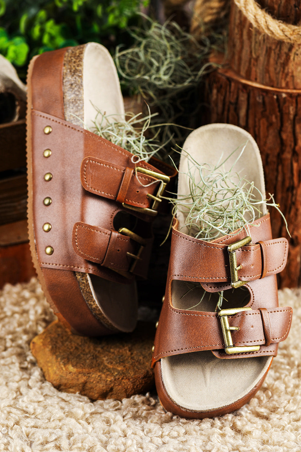 Chestnut Dual Studded Platform Sandals