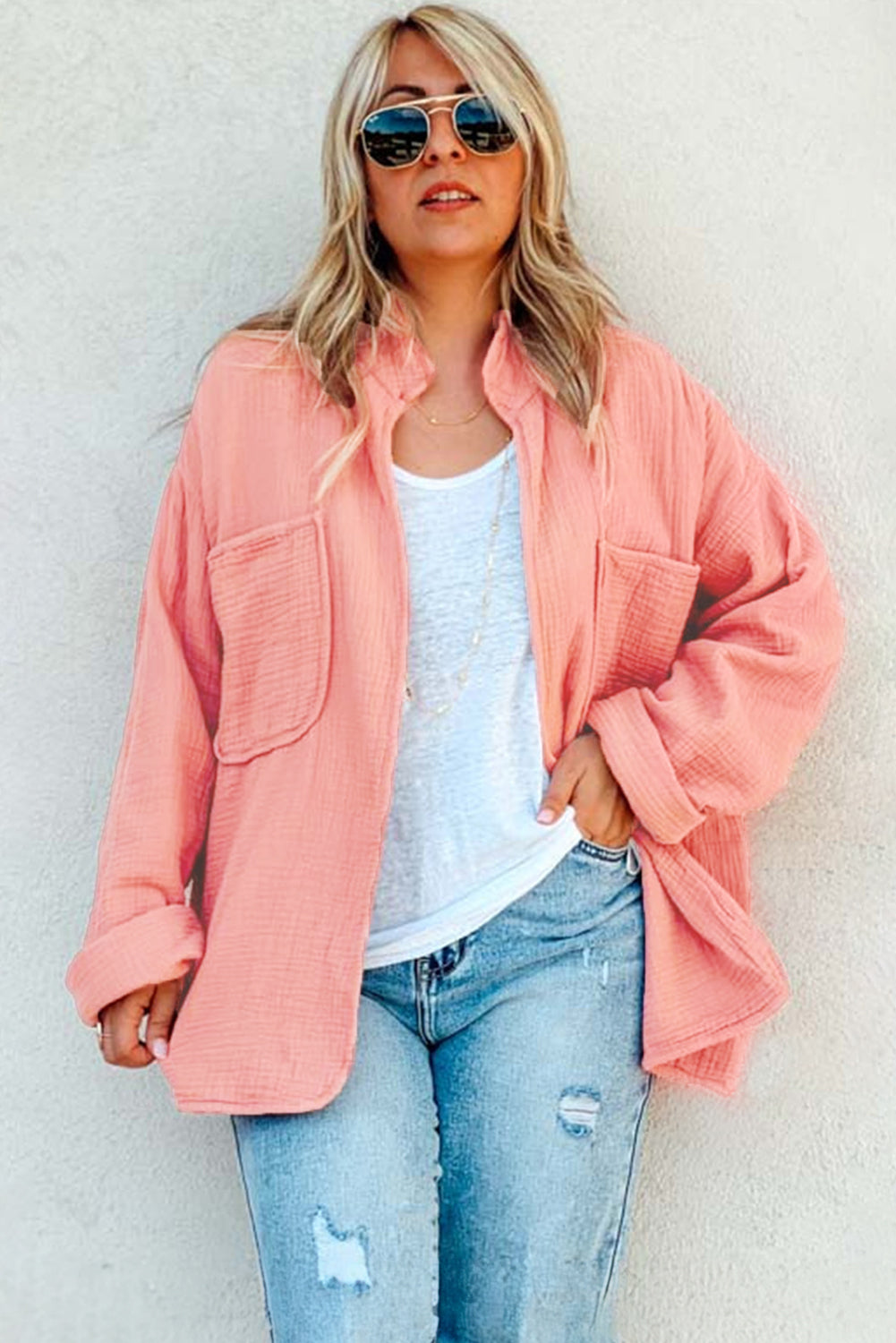 Plus Size Crinkled Casual Outer Garment