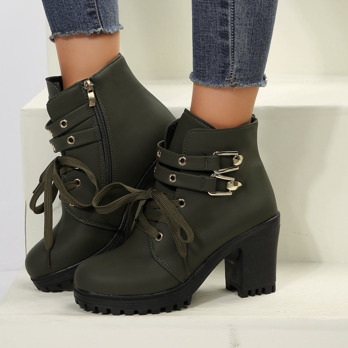 PU Leather Block Heel Boots