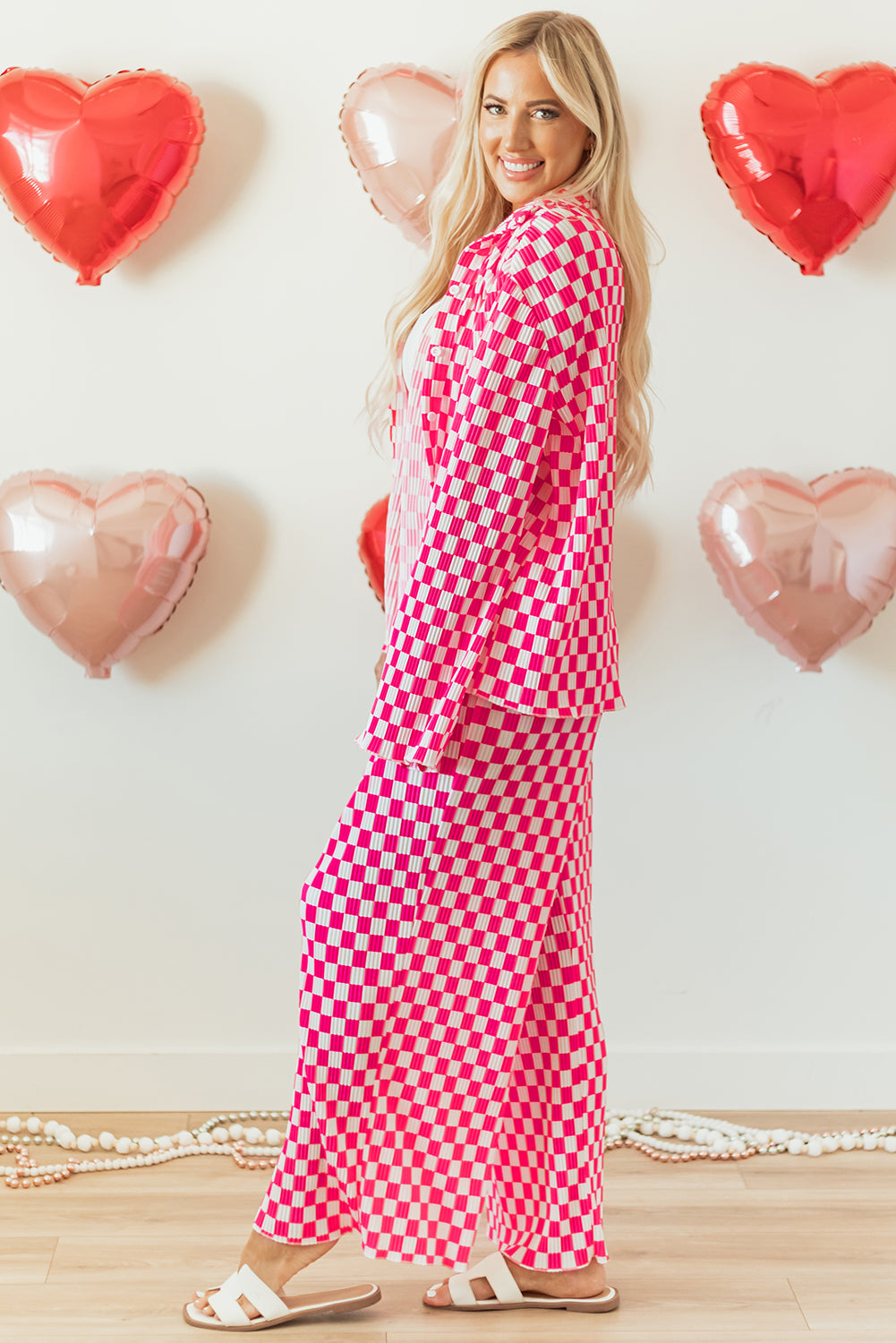 Pink Checkered Shirt & High Waist Pants Pajama Set