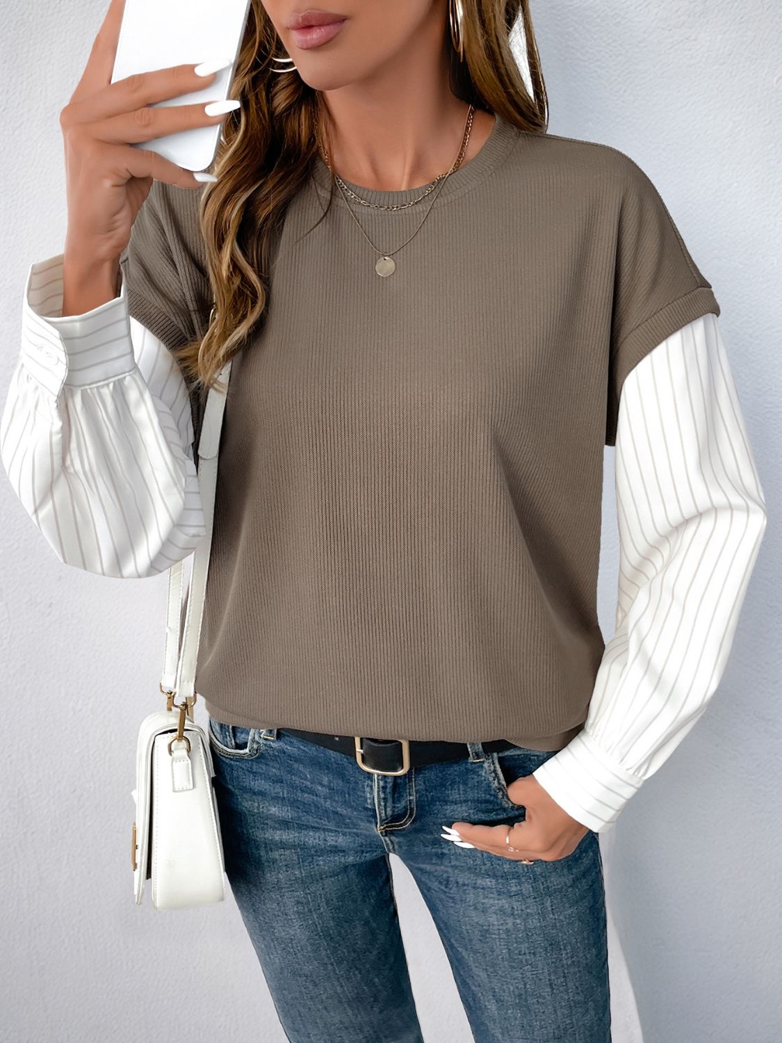 Round Neck Striped Sleeve Sweatshirt