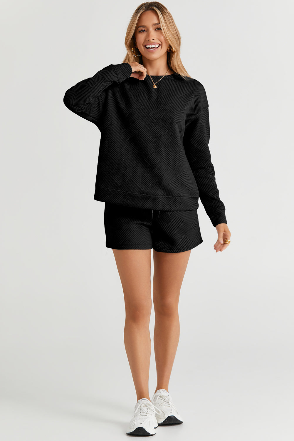 Textured Long Sleeve Top & Drawstring Shorts Set