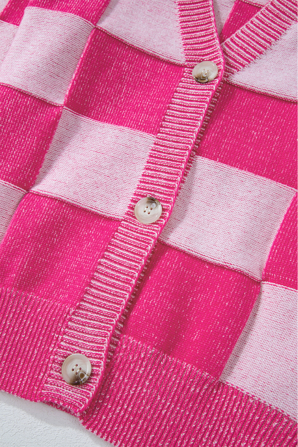 Pink Checkered Buttoned V-Neck Cardigan