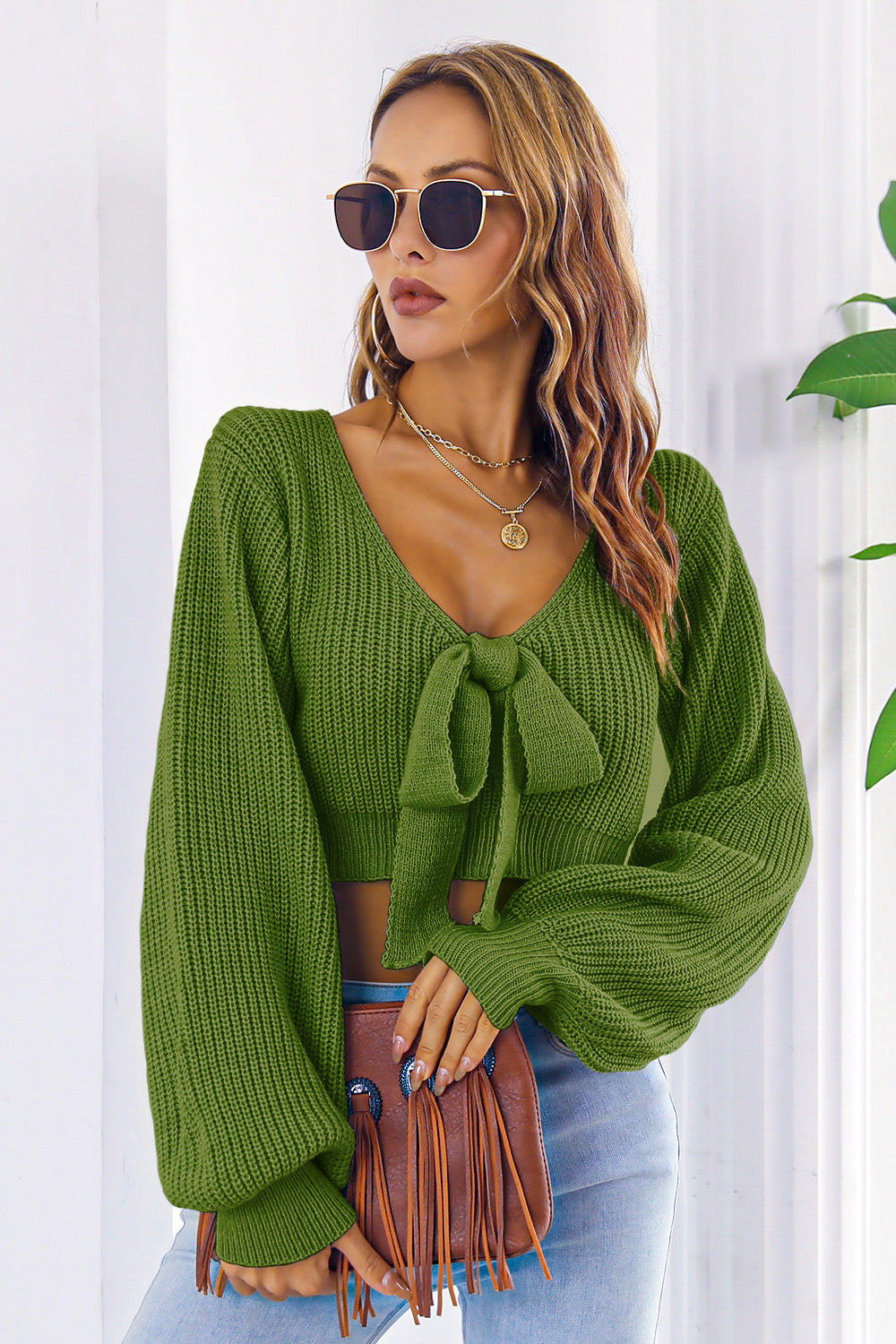 Bow V-Neck Cropped Sweater