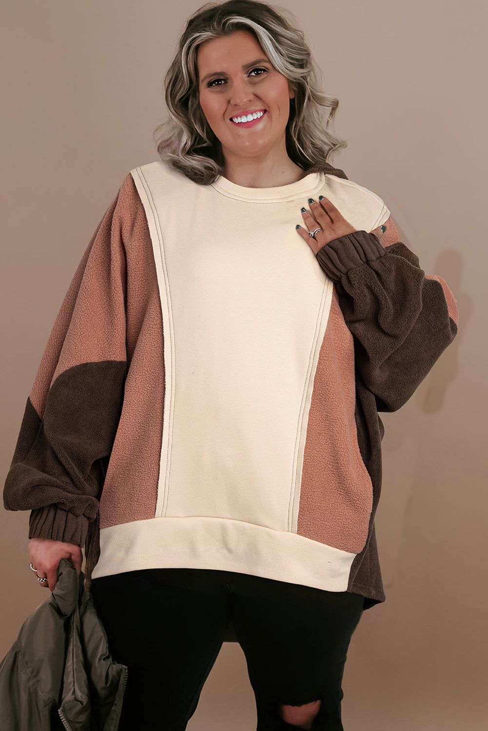 Plus Size Brown Colorblock Hoodie