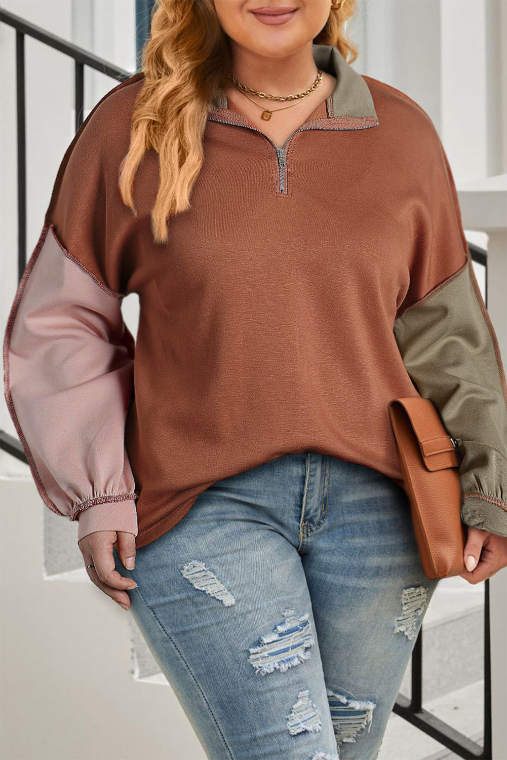 Plus Size Colorblock Quarter Zip