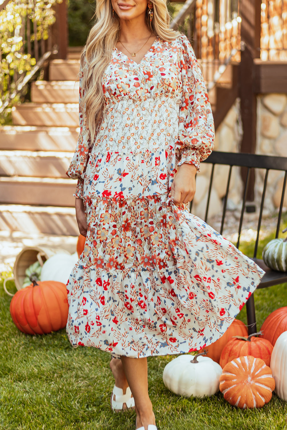 Floral Ruffled Tiered Long Sleeve Midi Dress