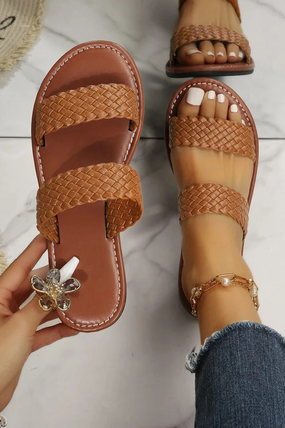 Chestnut Braided Leather Flat Sandals