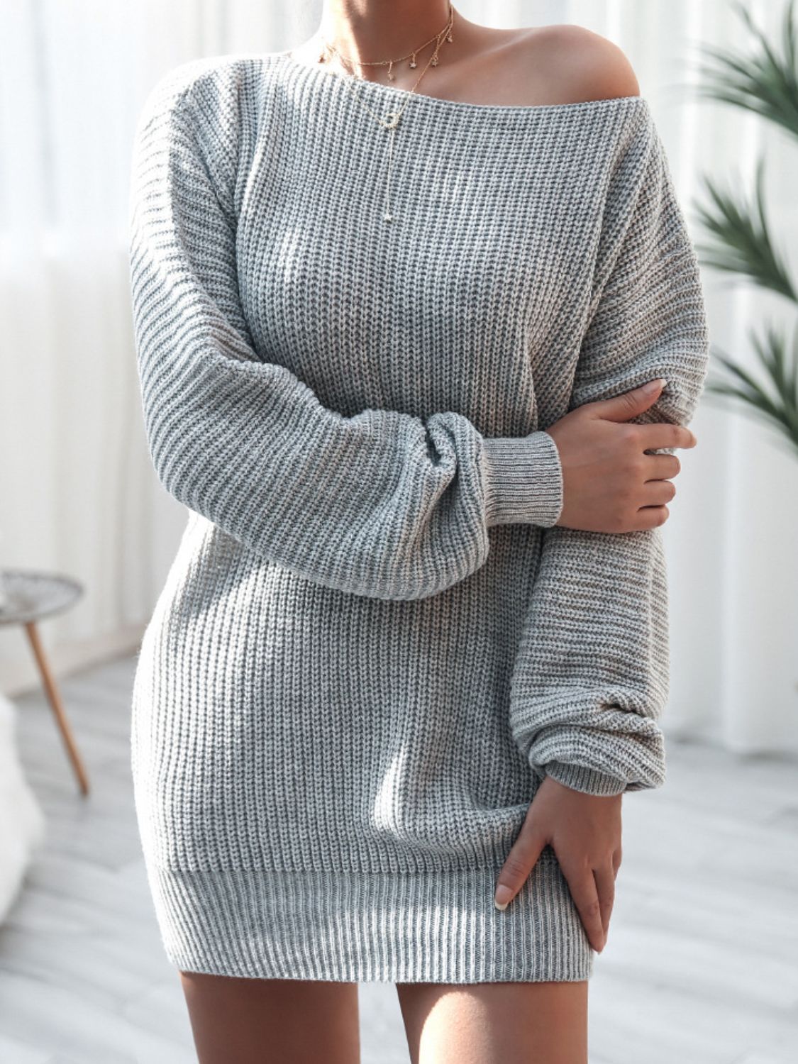 Balloon Boat Neck Sweater Dress