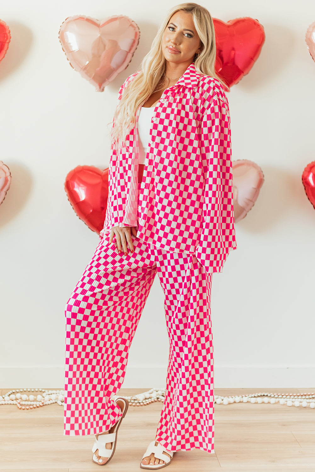 Pink Checkered Shirt & High Waist Pants Pajama Set