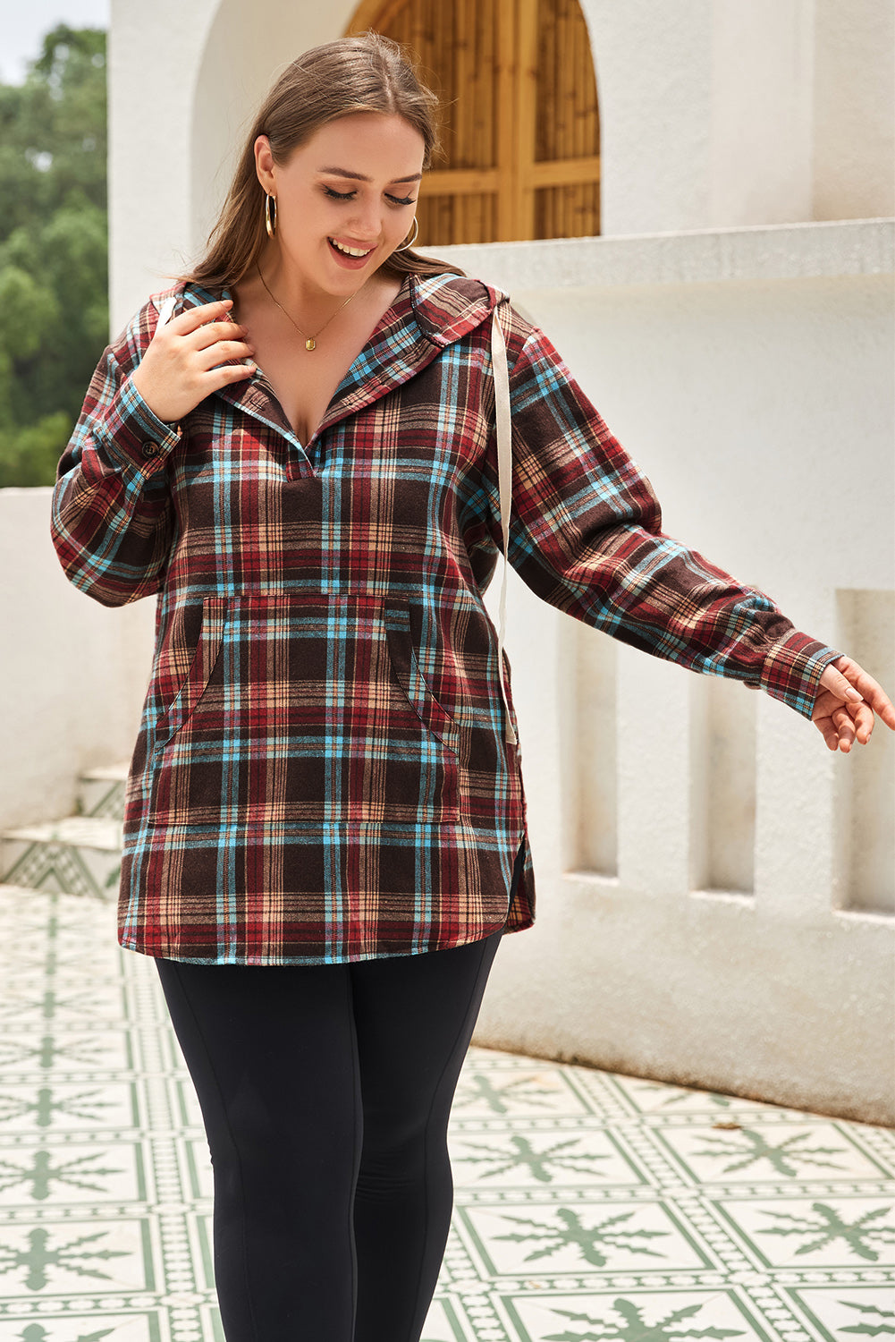 Plus Size Plaid Drawstring Hoodie