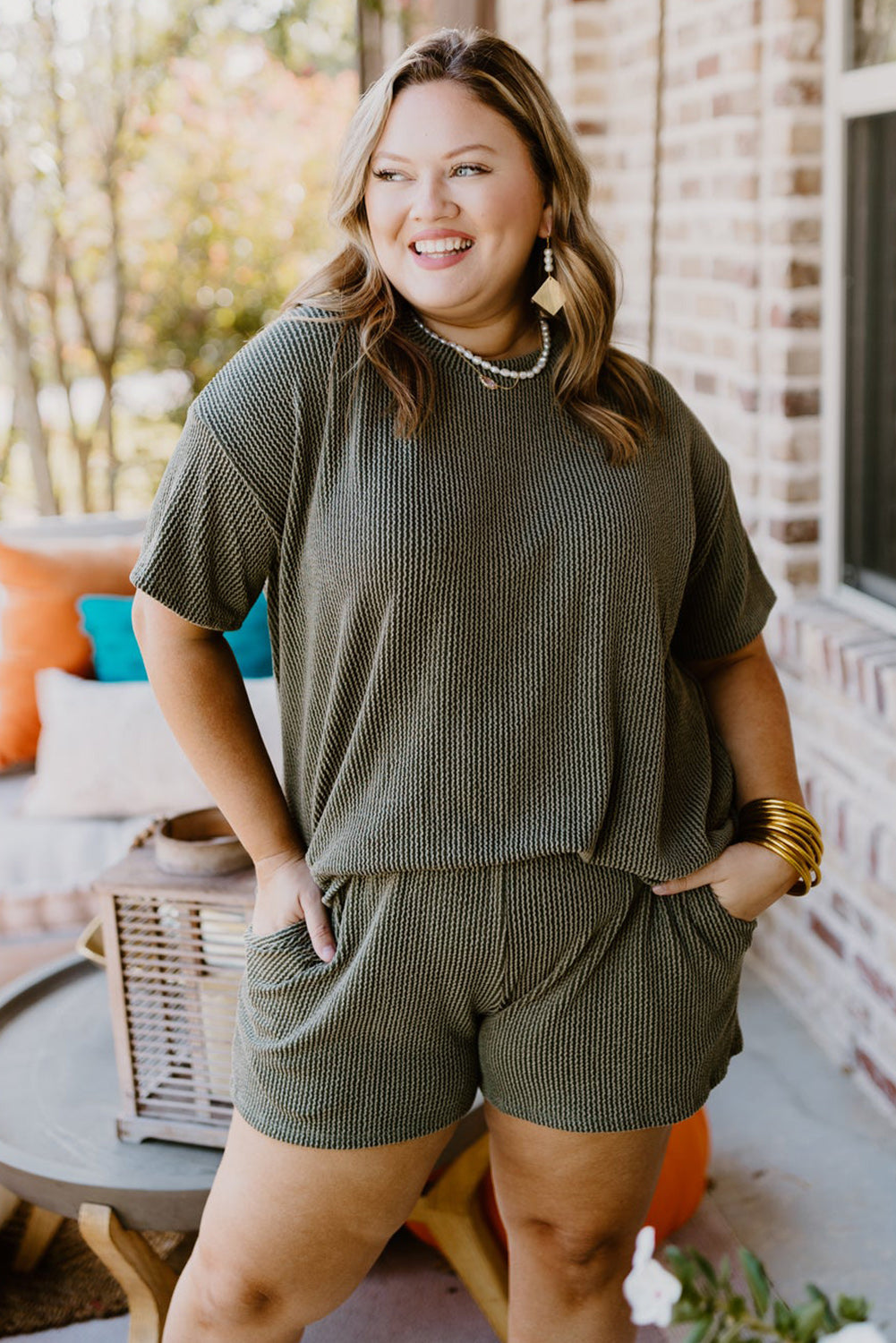 Plus Size Rib Knit Top & Shorts Set