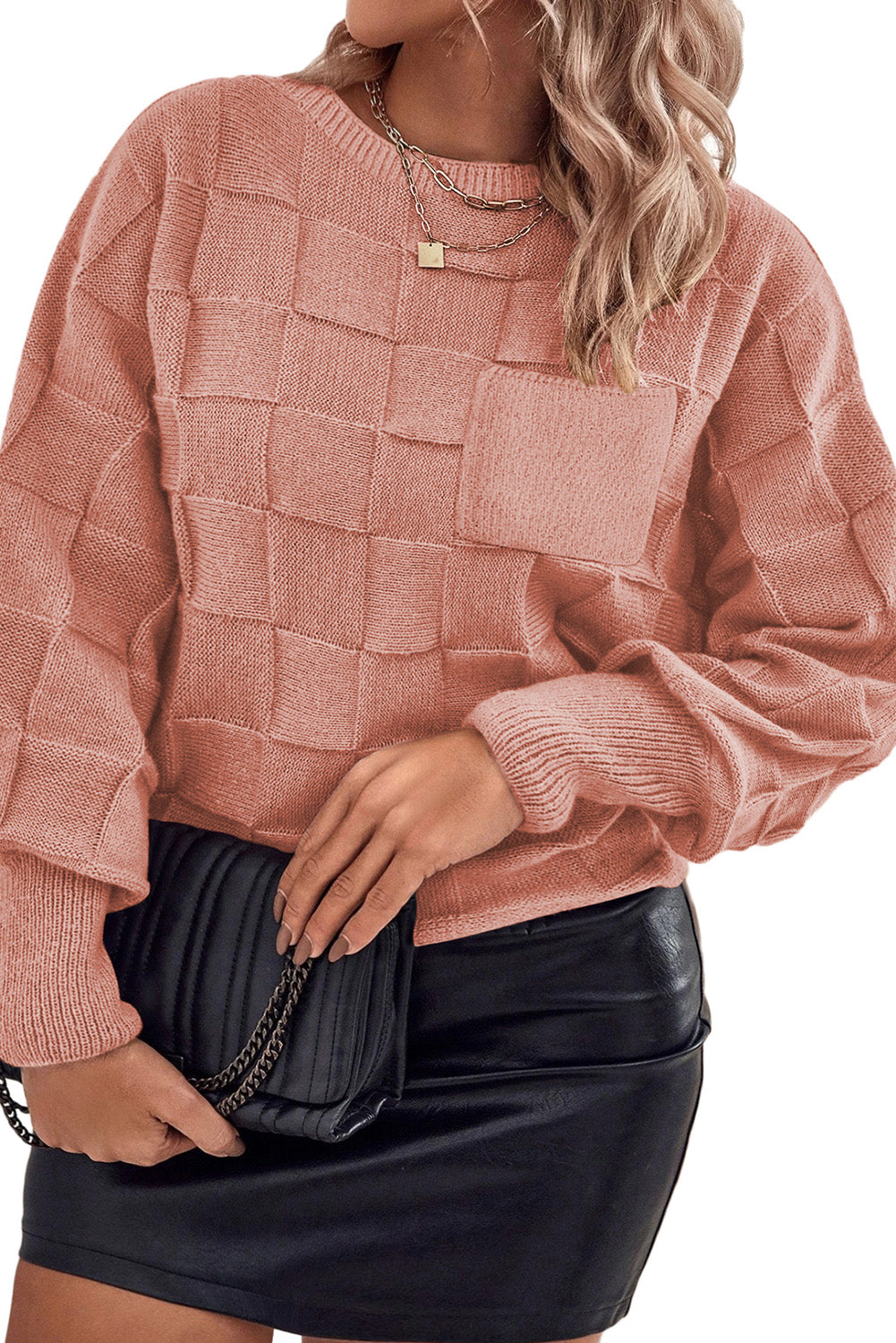 Plus Size Rose Tan Checkered Knit Sweater