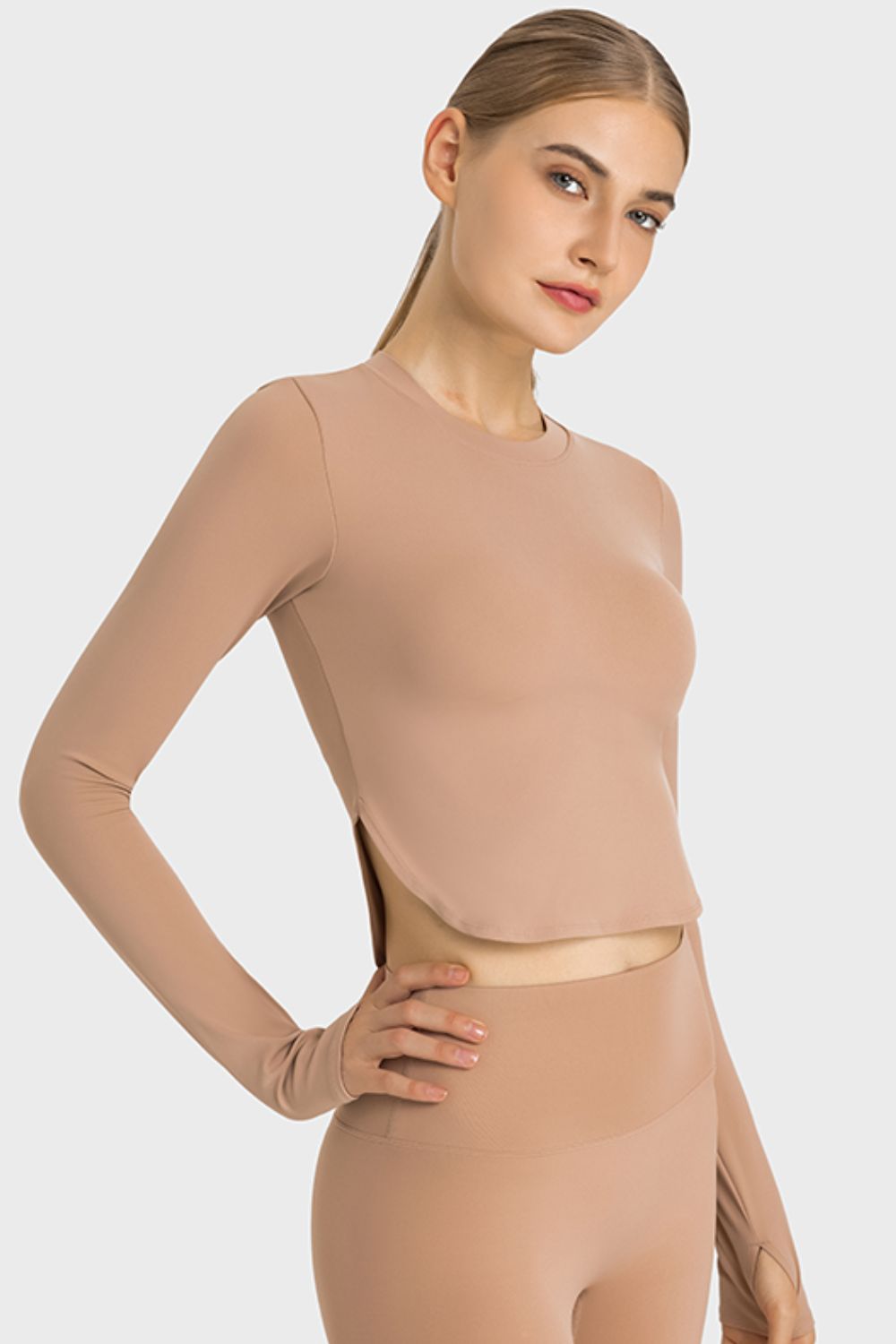 Side Slit Long Sleeve Crop Top