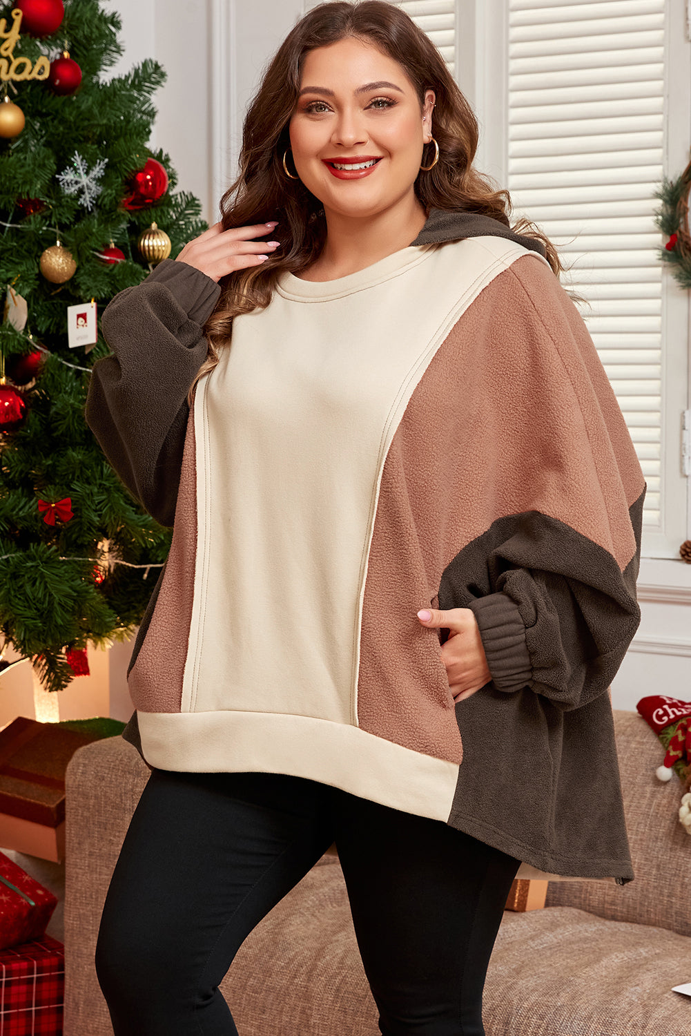 Plus Size Brown Colorblock Hoodie