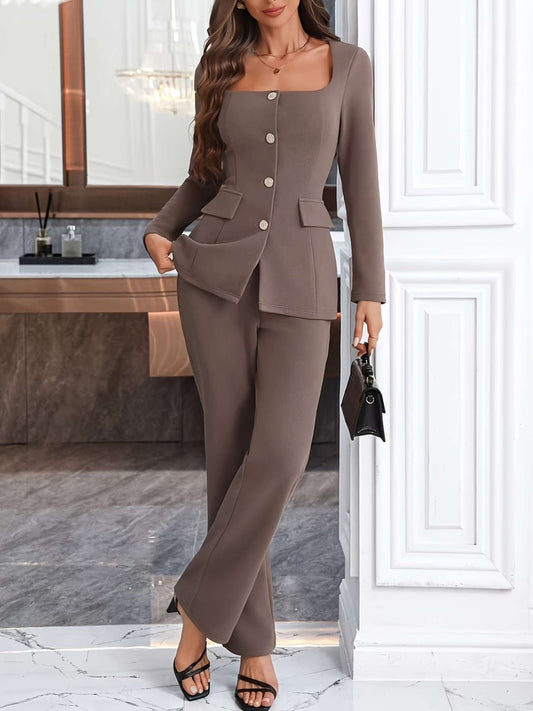 Square Neck Button-Up Blazer & Pants Set