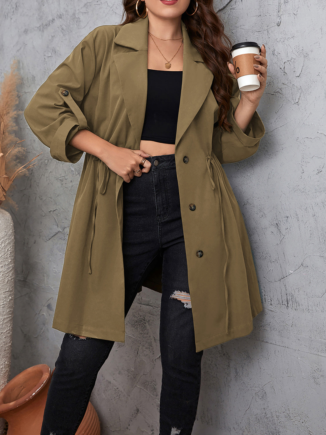 Plus Size Lapel Roll-Tab Trench Coat