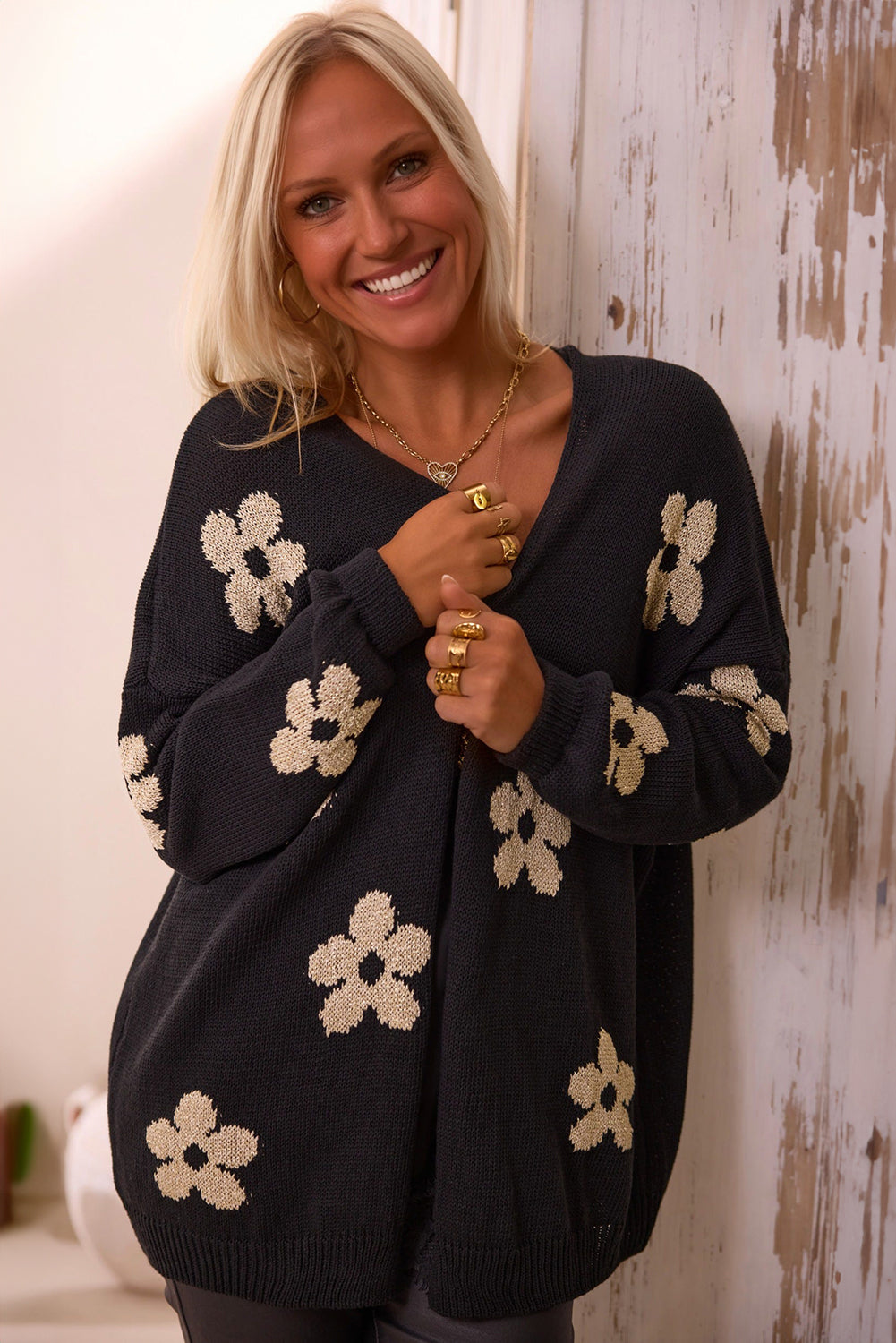 Black Floral Knitted Loose Cardigan