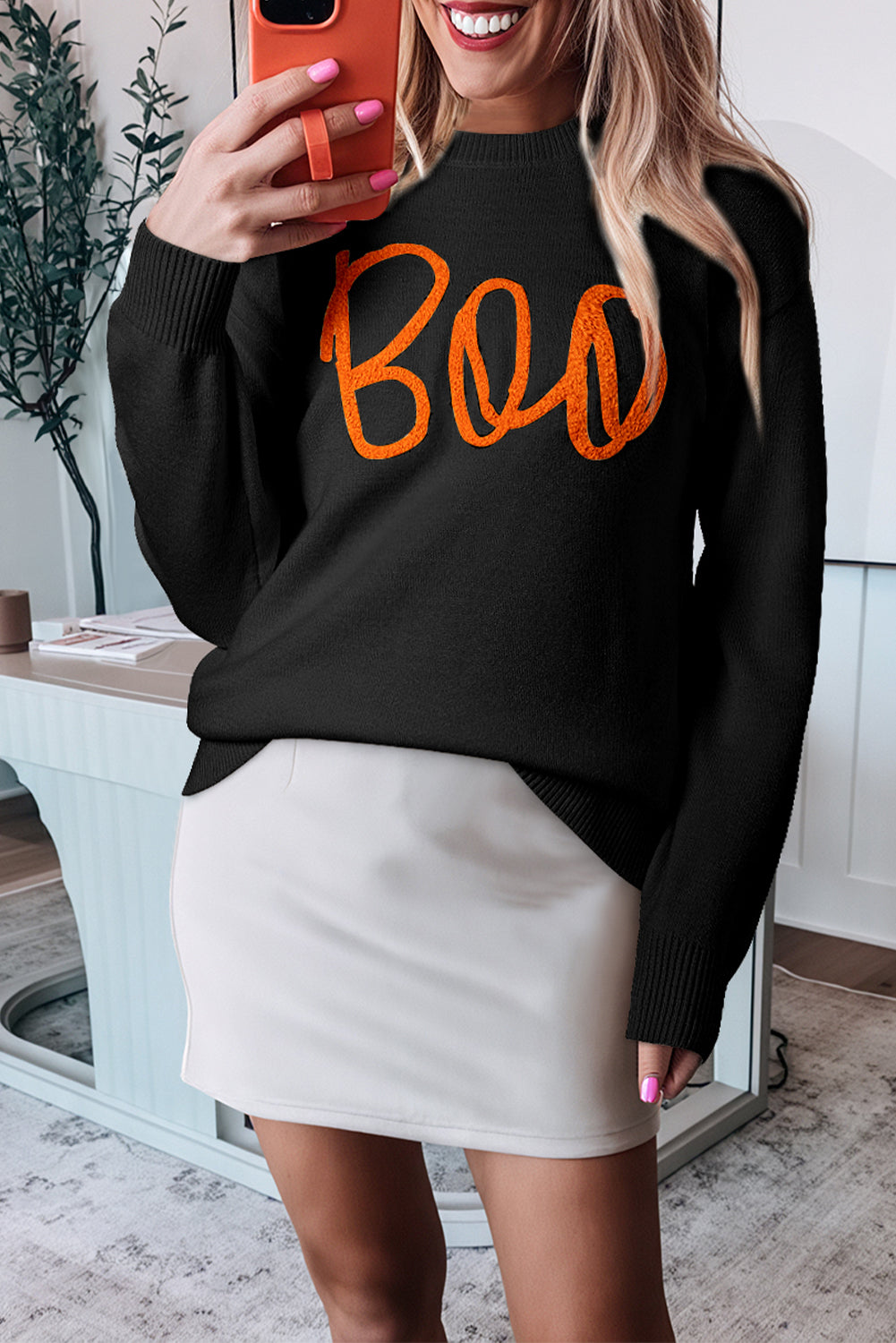 Black Boo Knitted Drop Shoulder Sweater