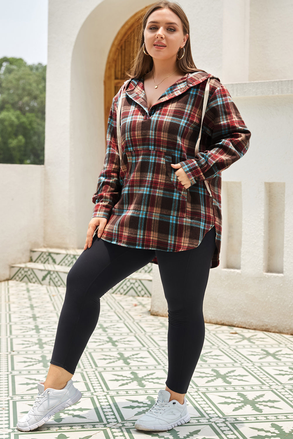 Plus Size Plaid Drawstring Hoodie