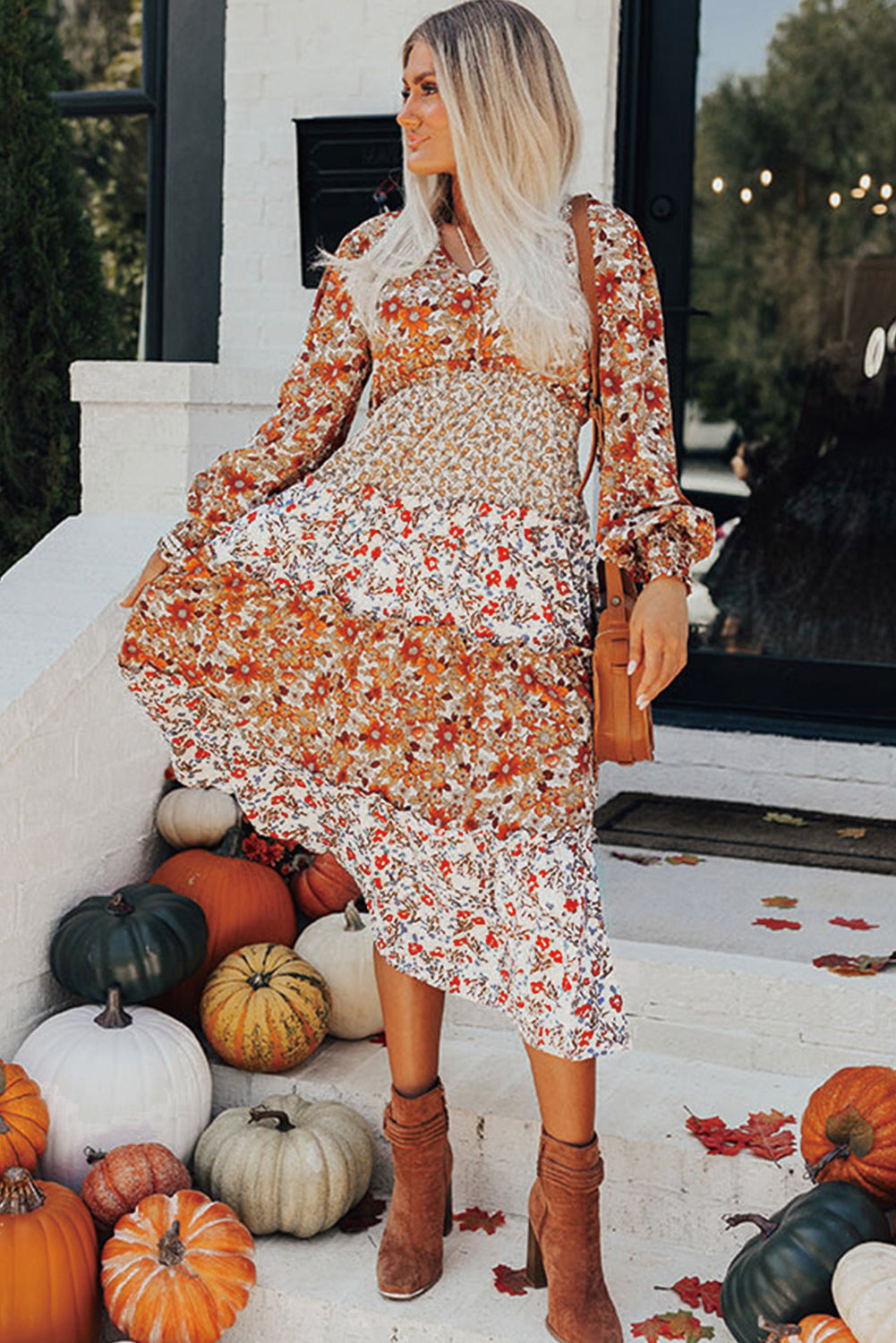 Floral Ruffled Tiered Long Sleeve Midi Dress