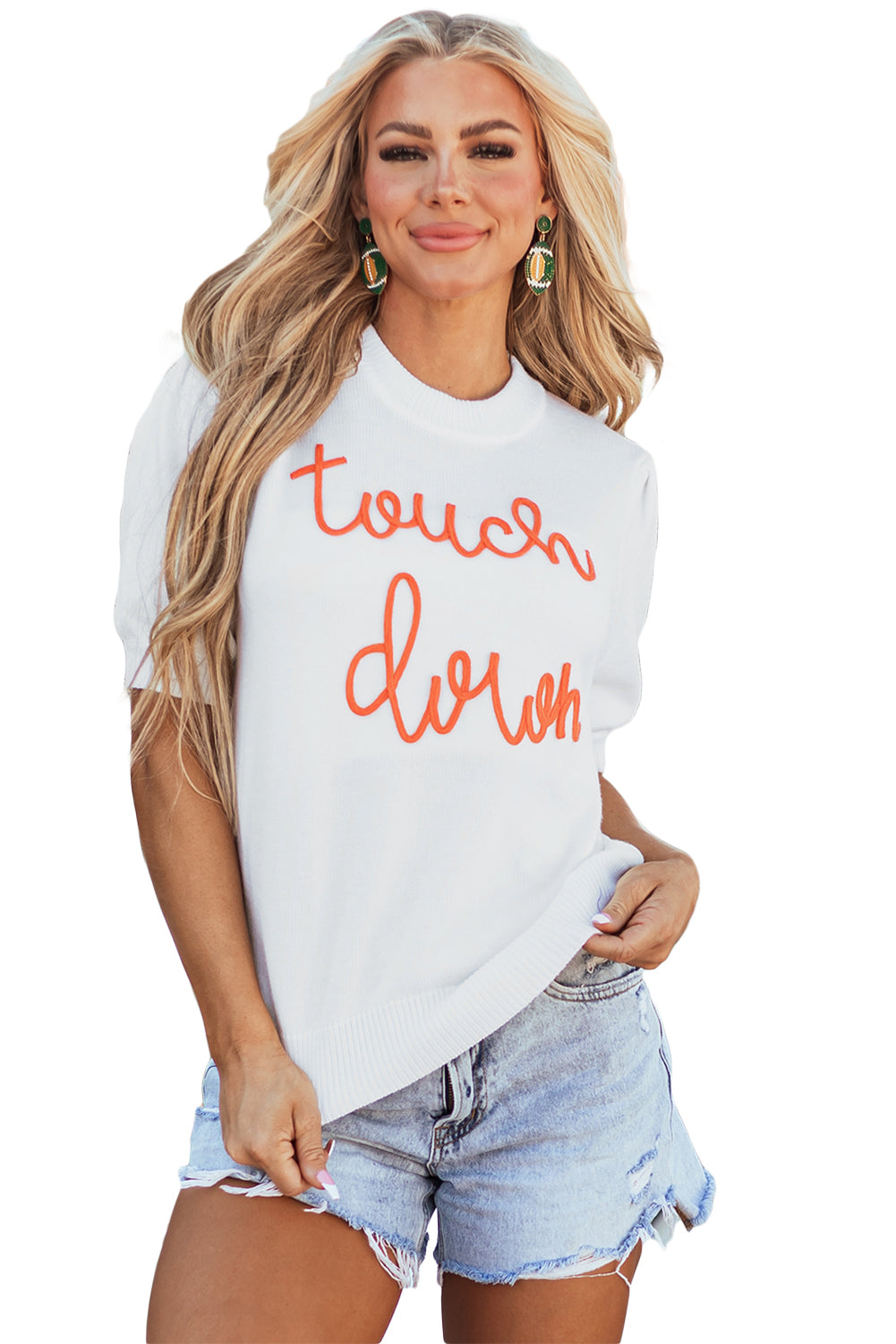 White Touchdown Tinsel Puff Sleeve Sweater