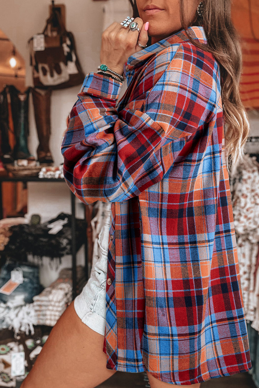 Red Plaid Print Loose Vintage Shirt Jacket