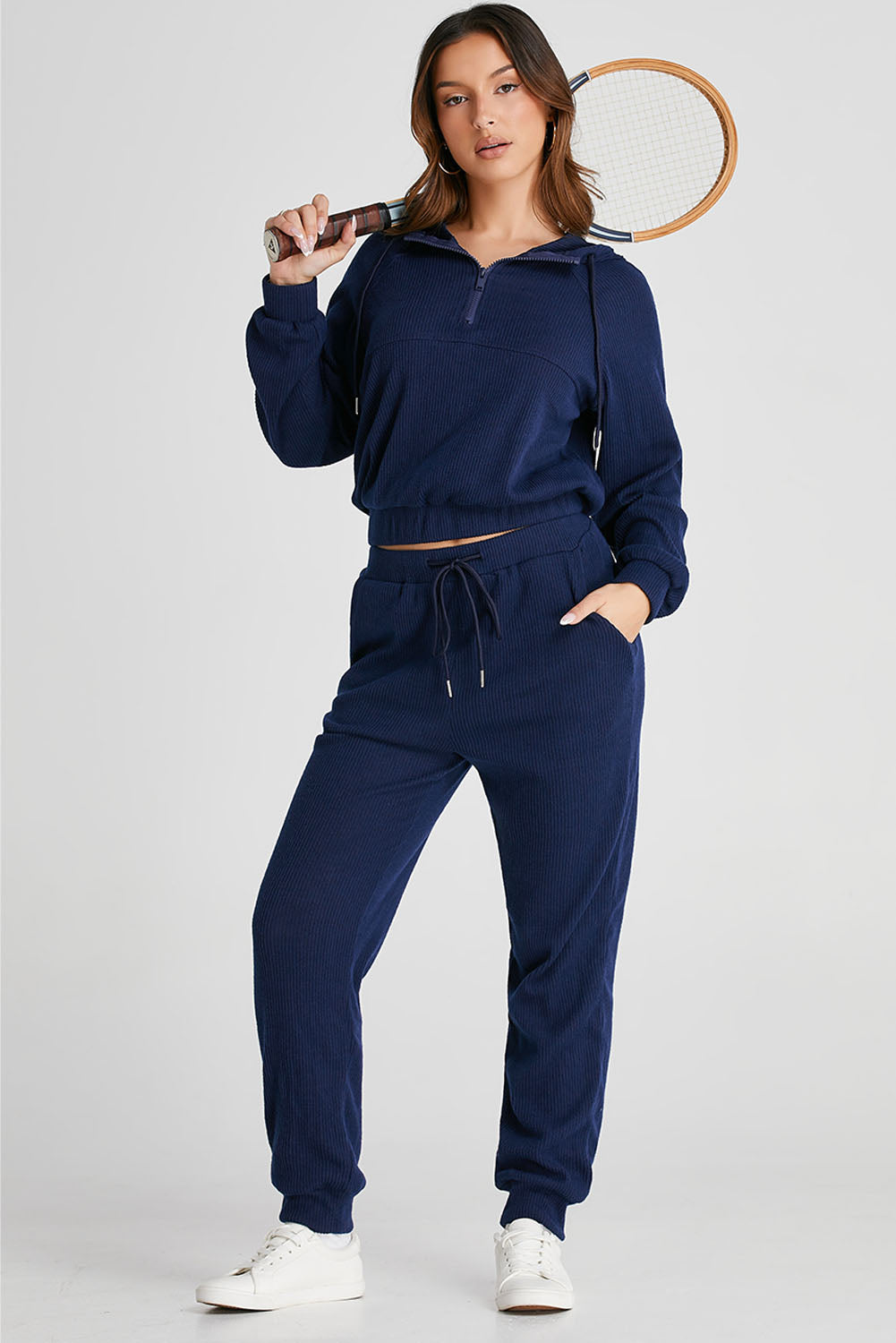 Ribbed Cropped Hoodie & Drawstring Joggers Set