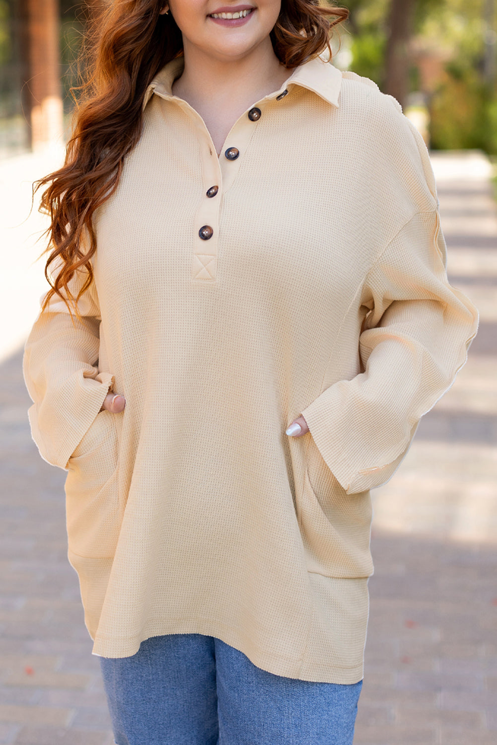 Plus Size Thermal Waffle Knit Henley Top