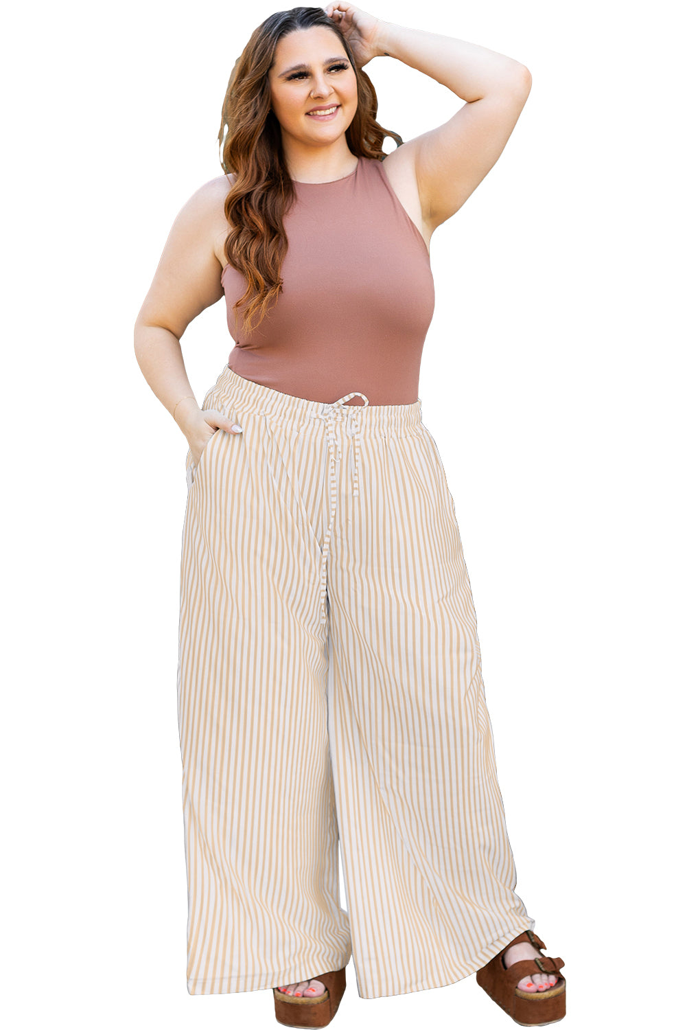 Plus Size Khaki Stripe High Waist Pants