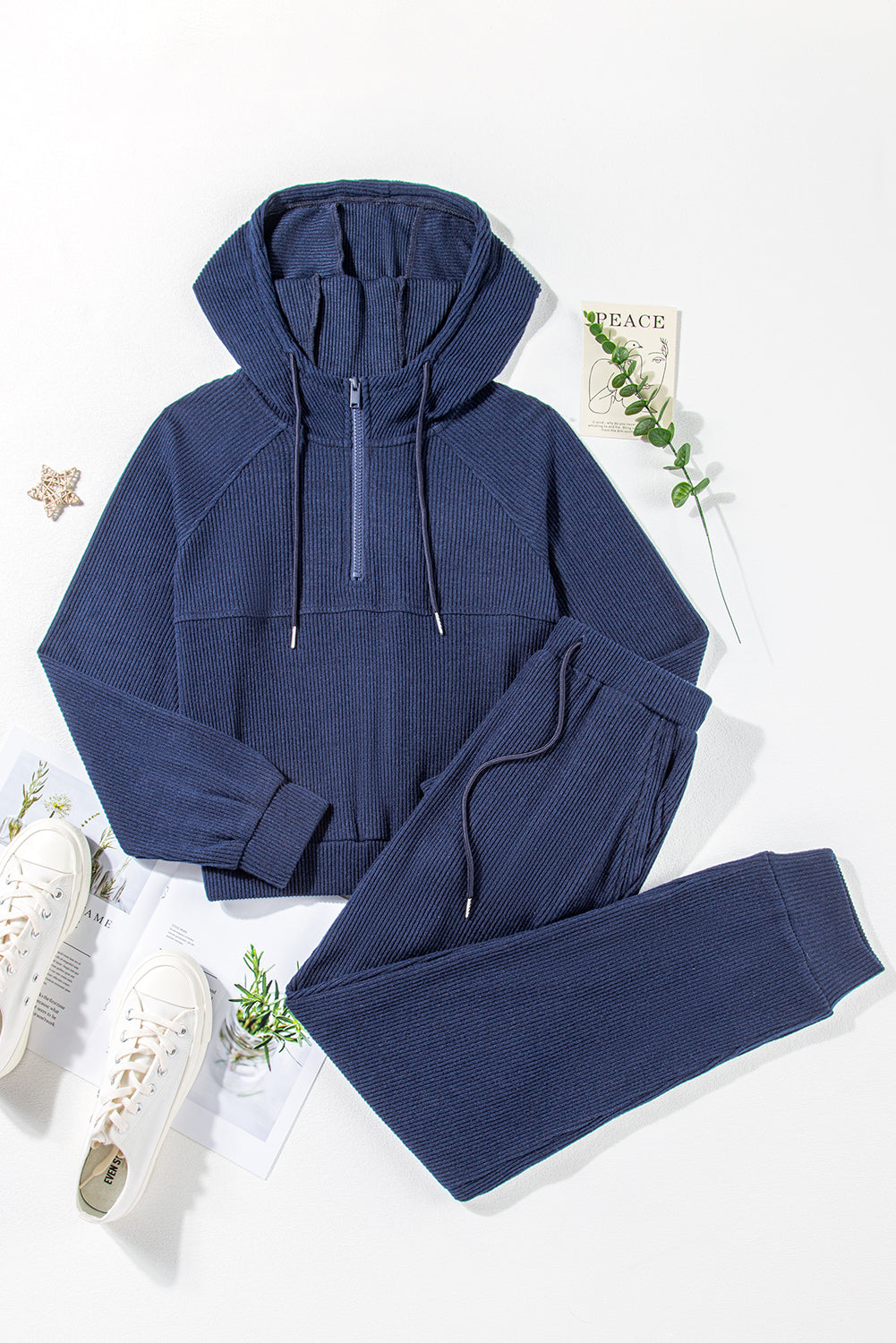 Ribbed Cropped Hoodie & Drawstring Joggers Set