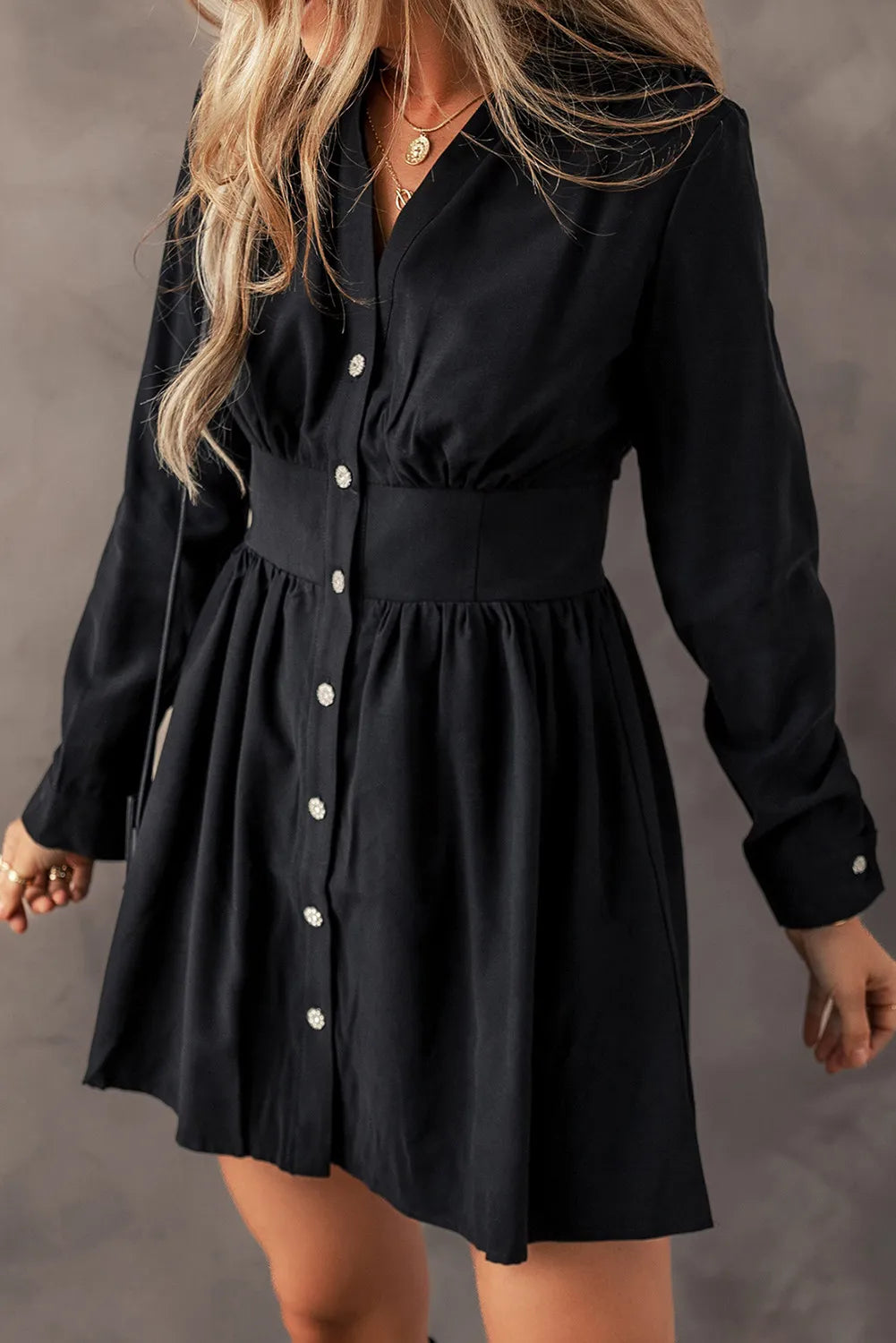 Ruched Button-Up Long Sleeve Dress