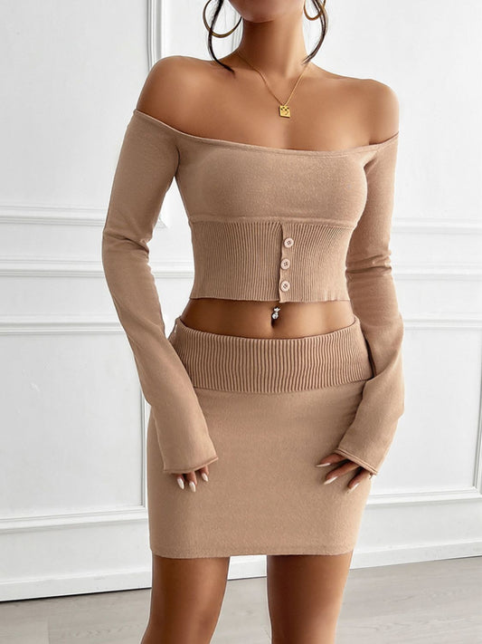 Off-Shoulder Top & Skirt Sweater Set