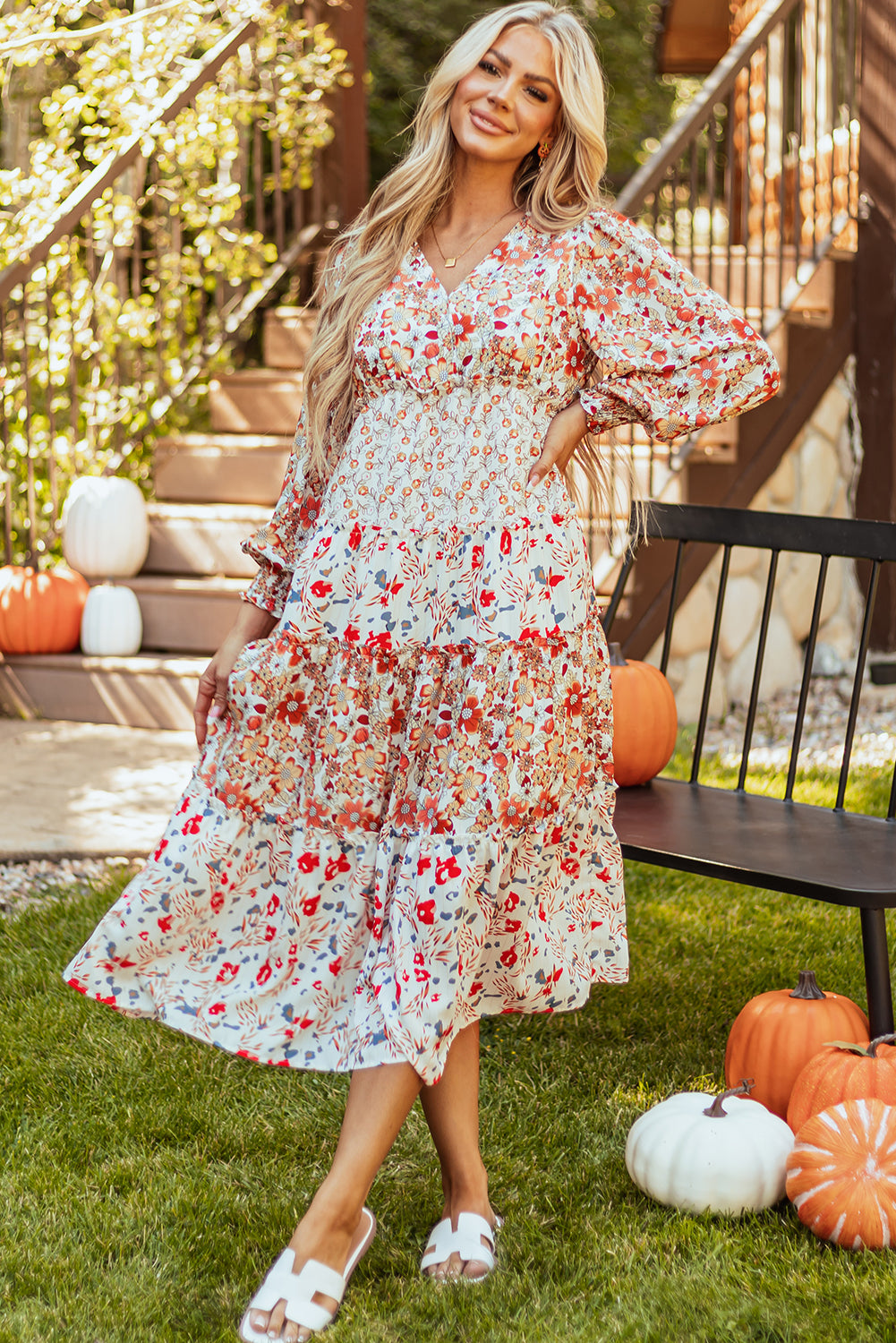 Floral Ruffled Tiered Long Sleeve Midi Dress